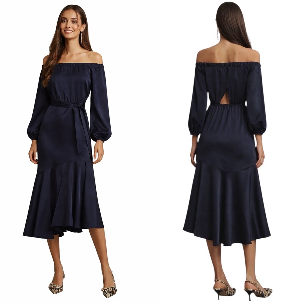 Sachin + Babi Off-Shoulder Navy Satin Midi Dress with Tie Waist